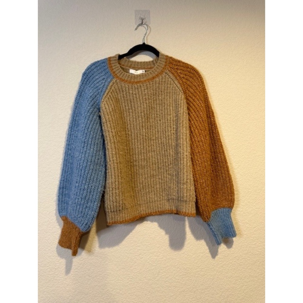 Lush Colorblock Ribbed Knit Sweater Blue Orange Beige Crewneck Pullover Medium